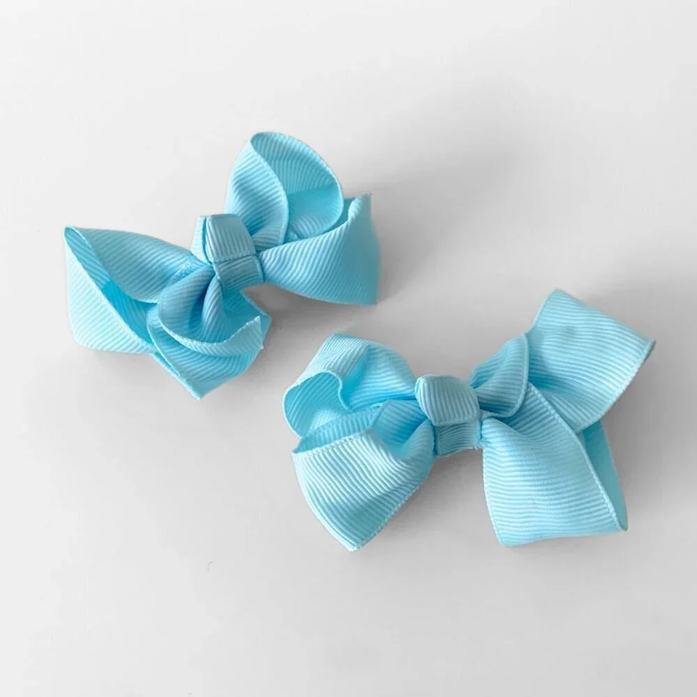 Set of 2 Pretty Girls Hair Bows Grosgrain Ribbon Clip Hair Accessories Baby Blue